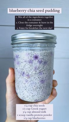 blueberry chia seed pudding in a mason jar with instructions on how to make it