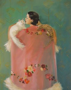 a painting of a woman in a pink dress holding a white cat