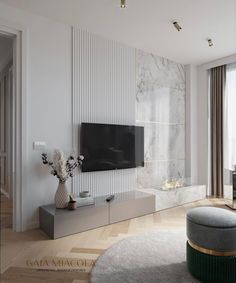 an elegant living room with marble walls and flooring is featured in the magazine gaia maccoli