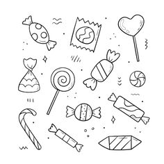 a black and white line drawing of different candy items, including lollipops