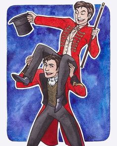 a drawing of two men dressed in red and black, one holding the other on his back