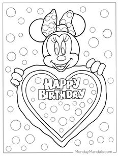 mickey mouse holding a happy birthday heart with polka dot dots on the bottom and an image of