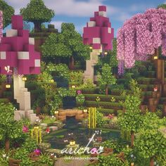 an image of a garden with flowers and trees in the background that looks like it is made out of minecraft