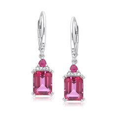 Ross-Simons - 5.75ct t. w. Pink Topaz, .40ct t. w. Ruby Drop Earrings, Diamond Accents. Unlock the power of pink with these fiery drop earrings, featuring sizable 5.75 ct. t. w. emerald-cut pink topaz gems made even more magnificent by .40 ct. t. w. triangular rubies and sparkling round diamond accents. Crafted in polished sterling silver. Hanging length is 1 1/4". Leverback, ruby and pink topaz drop earrings. Classic Pink Diamond Earrings For Formal Occasions, Gia Certified Pink Fine Jewelry Earrings, Classic White Gold Earrings With Gemstone Accents, Formal Pink Earrings With Gemstone Accents, Formal Fine Jewelry Earrings With Accent Stones, Formal Earrings With Accent Stones, Classic Formal Earrings With Accent Stones, Elegant Formal Earrings With Accent Stones, Elegant White Gold Earrings With Accent Stones