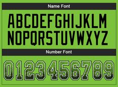 a green and black font with numbers on the bottom, upper and lowercases