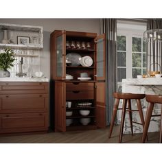 a kitchen with wooden cabinets and marble counter tops, two stools in front of the cabinet