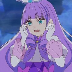 an anime character with purple hair and blue eyes holding her hands up to her ears