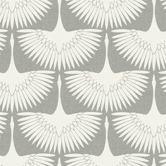 a white and gray wallpaper pattern with large wings on the back side of it