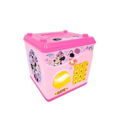 a pink toy box with minnie mouse stickers on the front and sides, sitting against a white background