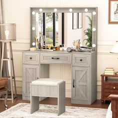 a vanity with lights and stool in a room