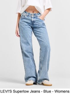 Turn on the vintage vibes with these women's Superlow Jeans from Levi's. In a Light Blue wash colourway, these low-rise jeans have a slim hip and thigh and a flared leg for an '00s shape to them. They feature a zip fly for easy fastening and a five-pocket construction to secure your essentials. Made from a durable and slightly stretchy denim cotton blend, these jeans are finished off with the classic leather patch and Levi's Red Tab to the rear. Levi Denim Jeans, Levis Low Rise Jeans, Levi Jeans Aesthetic, Trending Jeans For Women, Best Levis Jeans For Women, Levis Jeans Women, Vogue Illustrations, Light Denim Jeans, Levis Pants