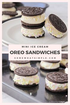 mini ice cream oreo sandwiches on a plate with the words, mini ice cream oreo sandwiches