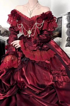 Red Tana Manor Rose Flower Long Sleeves Ruffle Bowknot Elegant Gothic