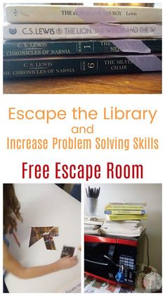 there is a collage of pictures with books on it and the text escape the library and increase problem involving skills free escape room