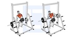 a man is doing squats on the side of a barbell machine with two different positions