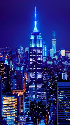 the city skyline is lit up in blue and white