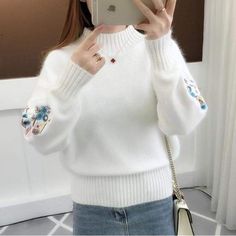 We are featuring the most comfortable, stylish and coolest aesthetic clothes! Reflect your style now with low price & high quality guaranteed KNITTED EMBROIDERY FLORAL SWEATER! • Free shipping to all the world!Material: COTTONStyle: CasualCollar: TurtleneckSleeve Length(cm): FullPattern Type: FloralThickness: Thick (Winter) Size(cm) Bust(cm) Length(cm) Shoulder(cm) Sleeve(cm) S 91 58 44 46 M 92 59 45 47 L 93 60 46 48 XL 94 61 47 49 XXL 95 61 48 50 Our most important mission is customer satis Woolen Sweater, Embroidery Sweater, Ladies Turtleneck Sweaters, Tumblr Outfits, Floral Sweater, Thick Sweaters, Winter Sweater, Knitting Women Sweater, White Sweater