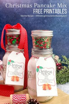 christmas pancake mix in mason jars with free printables