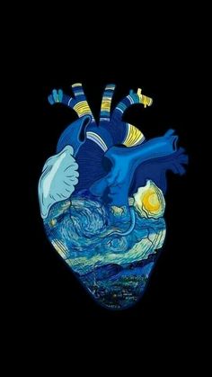 the starry heart is painted with blue and yellow paint on black paper, it looks like an art work