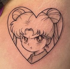 a woman's stomach with a heart shaped anime character tattoo on the side of her belly