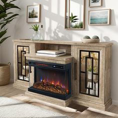 an electric fireplace in a living room with pictures on the wall and a potted plant next to it