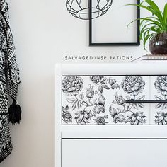 a black and white floral wallpaper on a dresser next to a potted plant