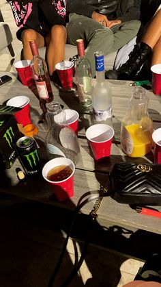 several people sitting at a picnic table with drinks