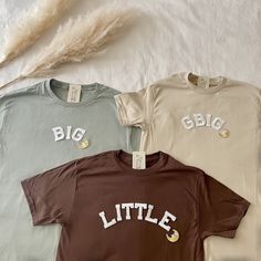 This cute Big Little Sorority Shirts are great for Big Little Reveal / Bid day! They are perfect to give to your big/lil as a gift and match outfits with! <3 - These letters are iron-on patched and is heat pressed, not embroidered. - All our shirts run a Unisex fit. They are naturally oversized, so we highly recommend choosing your actual size! Size down if you'd like it more fitted. - Material is super soft and comfy! ♡ - Please note that shirt brand used may vary depending on what our supplier Big Little Shirts Sorority, Sorority Reveal Shirts, Big Little Sorority Shirts, Big Little Sorority, Big Little Basket, Match Outfits, Big Little Shirts, Sorority Shirt, Sorority Paddles