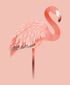 a pink flamingo standing on top of a wooden pole in front of a pink background