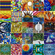 a collage of stained glass images with different colors and designs on them, including the sun