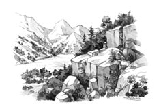 a black and white drawing of mountains with trees on the top, rocks in the foreground