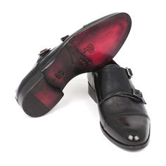 Paul Parkman Handmade Shoes Men's Handmade Shoes Cap-toe Double Monkstraps Gray Black Loafers (PM5220)-AmbrogioShoes Bordeaux Color, Oxford Dress Shoes, Black Loafers, Black Cap, Genuine Leather Shoes, Black Hand, Shoe Size Conversion, Colored Leather, Mens Oxfords