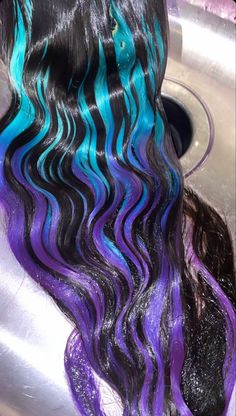 Long Black Hair Dye Ideas, Hair Color Ideas For Purple, Hairstyle Dye Ideas, Summer Color Wigs Black Women, Colorful Tips Hair, Custom Hair Color, Unique Hair Color Combos, Black Blue Purple Hair, Lisa Frank Hair Color