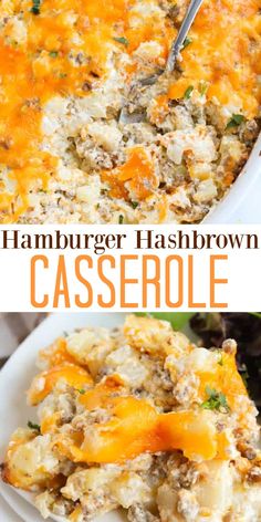 hamburger hashbrown casserole in a white dish with a serving spoon on the side