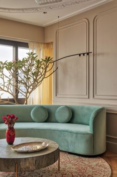 a living room filled with furniture and a potted plant on top of a table