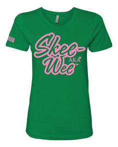 a women's green t - shirt with pink lettering on the front and side