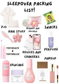 the contents of a sleepover packing list are shown in pink and white, with text overlay