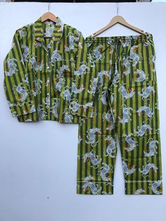 Hand block Print Pajamas/Adult PJ Set/Wedding Gift/ Cotton Pajama Set/Ladies Night Wear/PJs For Women/Gift For her. * Made of 100% cotton * Hand Block printed * Naturally occurring dye variations are found on all hand printed textiles, making each piece unique. S, M, L, XL, XXL S size Inches (approx) Shirt - Pajama Length:24 - Length:39 Bust:40 - waist up to:44 Sleeve:22 - Hip Round:12 Shoulder:15 - Pocket:2 Arm Hole:16 - Pocket :1 M Size Inches(approx) Shirt - Pajama: Length:24.5 Length:39 Bust:40 - waist up to:44 Sleeve:22 - Hip Round:13 Shoulder:15 - Pocket:2 Arm Hole:16 Pocket:1 L Size Inches (approx) Shirt - Pajama: Length:25 - Length:39 Bust:42 - Waist up to:46 Sleeve:22 - Hip Round:13 Shoulder:16 - Pocket:2 Arm Hole:17 - Pocket :1 - XL Size Inches (approx) Shirt: Pajama: Length:25.5 Bridal Pajama Set, Pjs For Women, Casual Lounge Wear, Night Wear Dress, Bridesmaid Pajama Set, Bridal Pajamas, Hand Printed Textiles, Printed Pajama, Cotton Pajama Set