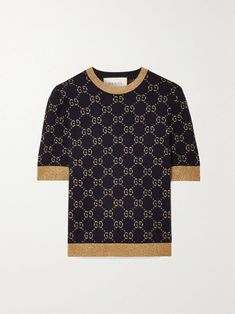 Shop GUCCI Metallic jacquard-knit cotton-blend sweater, Explore the latest GUCCI women's collection today on NET A PORTER Womens Gucci Sweater, Black Gucci Tops For Winter, Gucci Black Winter Tops, Black Gucci Top For Winter, Black Gucci Winter Top, Fitted Designer Gucci Sweater, Designer Fitted Gucci Sweater, Blue Gucci Tops For Fall, Luxury Logo Print Sweater For Fall