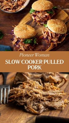 slow cooker pulled pork sandwiches on a wooden cutting board with a knife and fork