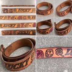 All pics are of the same one belt. See all 12 pics for details & enlarge each pic for a closer look. Any wear is to be considered character. Belt only. No buckle. Size 36 or 38 (hard for me to make it out). See pics for measurements. Could be worn by him or her depending on your style. My opinion is that 4 of the sizing holes are original & 4 have been added. gambling, gamble, four leaf clover, cards, horse shoes, size, western, cowboy, cowgirl, hippy, hippie Tooled Leather Belts, Lucky 7, Horse Shoes, Career Inspiration, Belt Design, Horse Shoe, Hand Tooled Leather, Vintage Tools, Cowboy Cowgirl