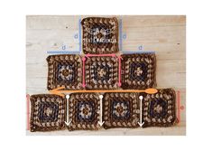 four crocheted coasters are arranged on a wooden surface with measurements for each one