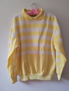 Vintage Yellow Striped Collared Sweatshirt | eBay Retro Sweatshirt With Ribbed Collar For Streetwear, Retro Sweatshirt With Ribbed Collar And Long Sleeves, Retro Long Sleeve Sweatshirt With Ribbed Collar, Yellow Stripes Outfit, 90s Style Cotton Tops With Ribbed Cuffs, Retro Sweatshirt With Ribbed Collar, Retro Cotton Sweatshirt With Ribbed Collar, Vintage Sweatshirt With Ribbed Collar For Streetwear, Yellow Cotton Sweater For Streetwear