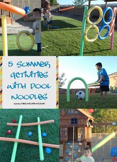 a collage of different activities for kids to play with in the yard and on the grass