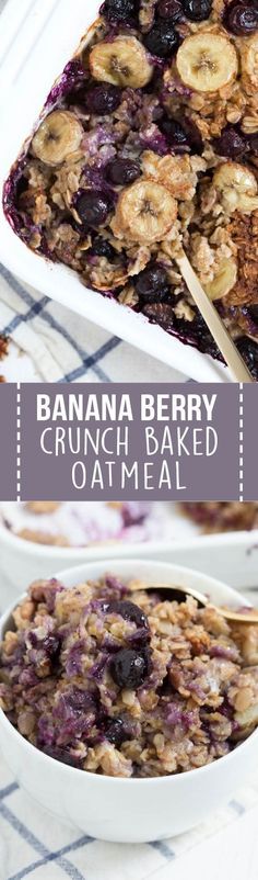 banana berry crunch baked oatmeal in a white dish