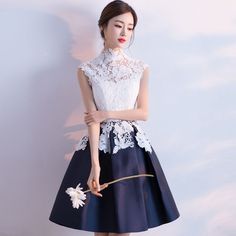 Affordable Chinese style Graduation Dresses 2017 Lace Appliques High Neck Sleeveless White Navy Blue Short Ball Gown Coctail Dresses, Graduation Dresses, Tie Front Dress, High Neck Sleeveless, Outfit Trends, Floor Length Dresses, Dress Zipper, Tube Dress, Club Dresses