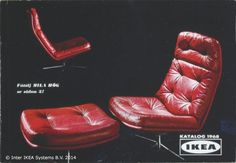 an advertisement for a red leather chair and footstool from the ikea catalog