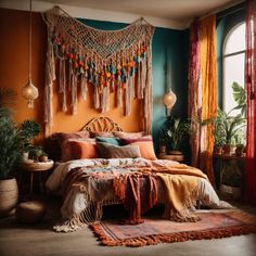 a bedroom with orange walls and colorful decorations on the bed, hanging curtains over the headboard