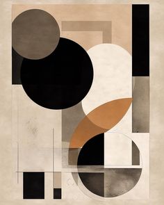 an abstract painting with black, brown and white circles on it's sides in neutral tones