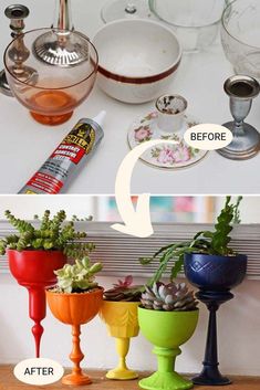 the before and after photos show how to use glass vases for succulent plants